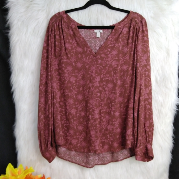 Hinge Brown and Pink Floral Pattern V Neck Long Sleeve Blouse Size 1 - Picture 3 of 10